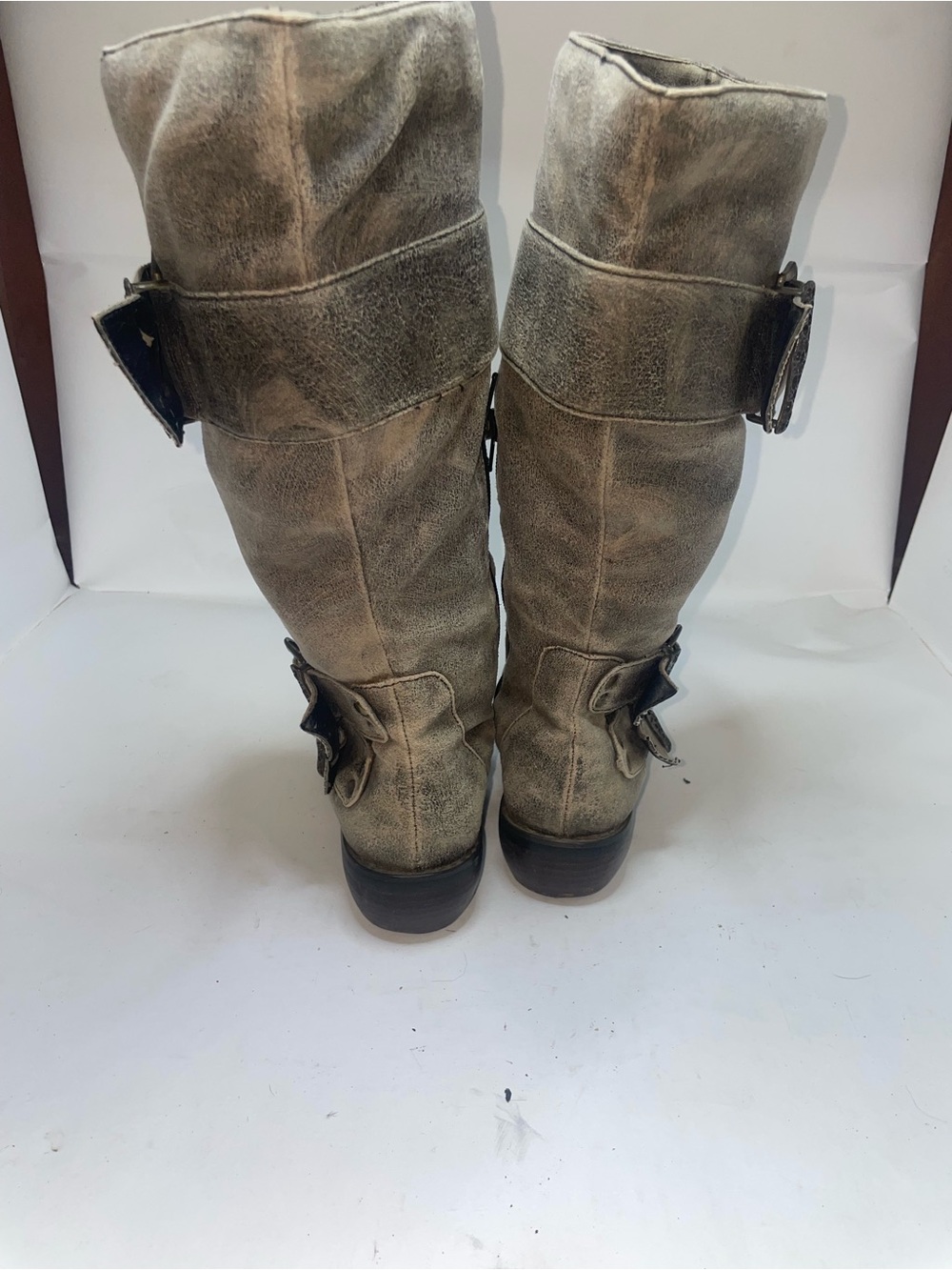 Two Lips Distressed Grey Suede feel 14” tall Buckle Boots - Picture 4 of 8
